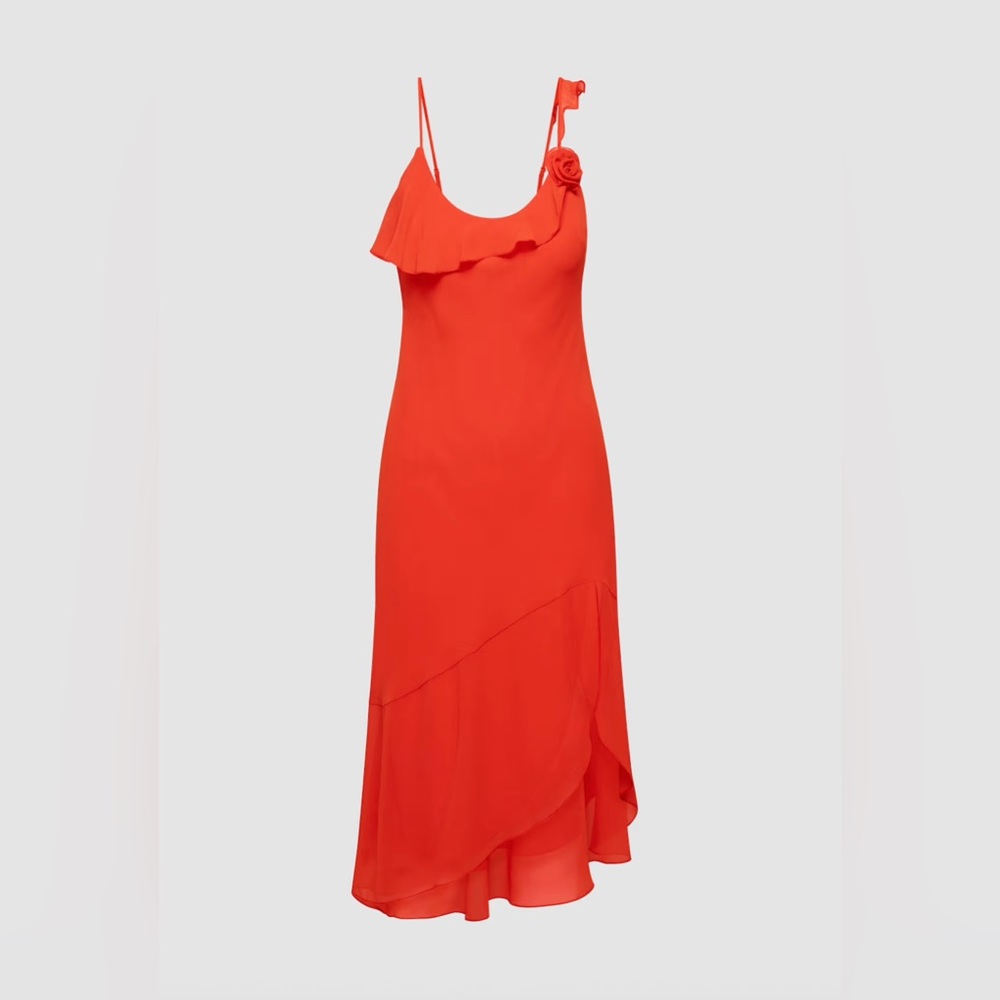 Aritzia Wilfred Engage Dress Red/Orange Rosette Ruffle Asymmetrical Slip Dress - Picture 5 of 13